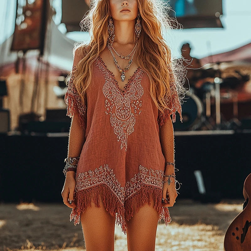 Summer Dresses For Women Vintage Printed Loose Floral Printed Party Short Dress Women Deep V Neck Bohemian Dress